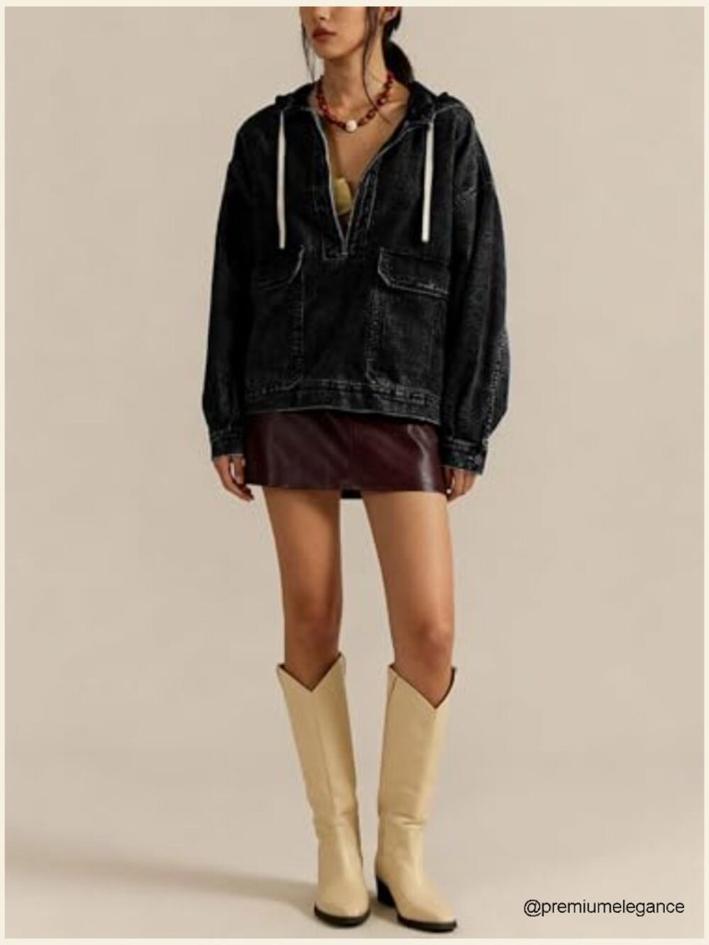Oversized Denim Half Zip Pullover Hoodie Jean Jacket Top Sweatshirt with Pockets - Picture 2 of 4